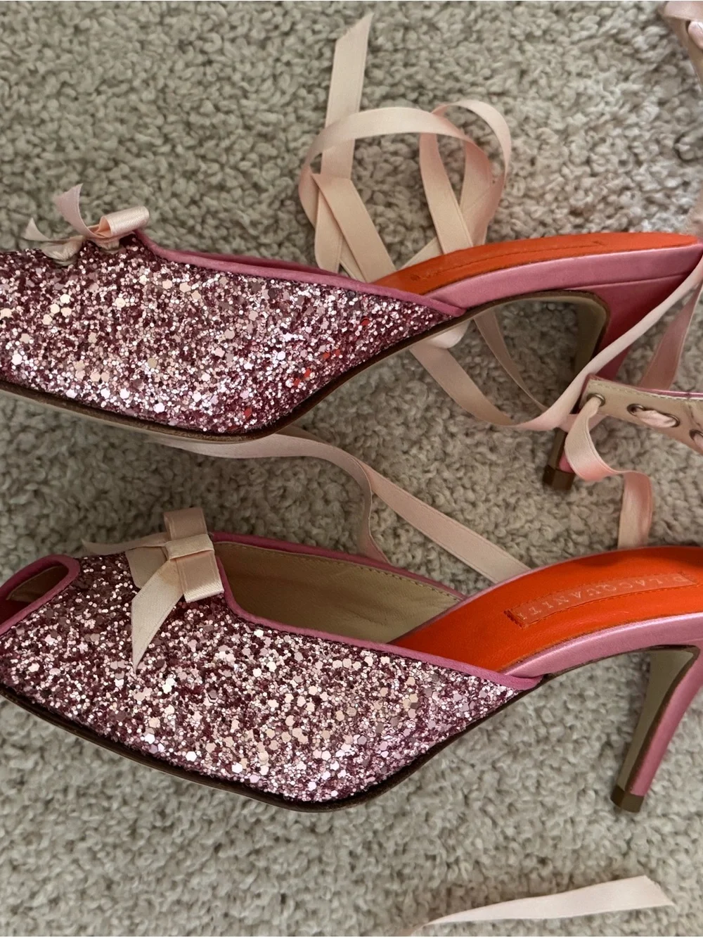D. Lacquaniti Pink Glitter Peep Toe Lace-Up Ribbon Heels Size 37 / US 7